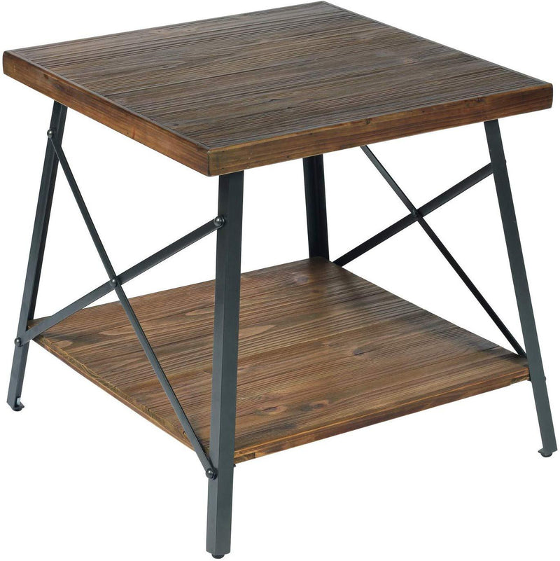 Emerald Home Chandler Rustic Wood End Table with Solid Wood Top, Metal Base, And Open Storage Shelf