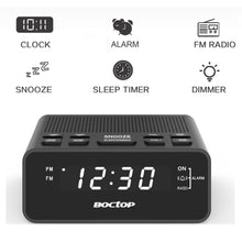 Load image into Gallery viewer, BOCTOP Digital LED Alarm Clock Radio with Sleep Timer FM Radio, 2A USB Charging Port, Dimmer, Snooze for Bedrooms
