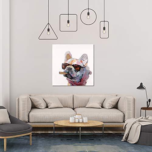 Bignut Art Oil Painting Hand Painted Funny Animal Wine and Dog Cool Wall Art on Canvas Framed Wall Decor for Living Room Bedroom Office (24x24 Inches, Wine Dog)