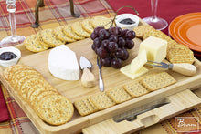 Load image into Gallery viewer, Home Perspective Extra Large Bamboo Cheese Board and Knife Set - Charcuterie Platter Tray Holds 6 Knives, 4 Forks and 2 Ceramic Cups with New Magnetic tray
