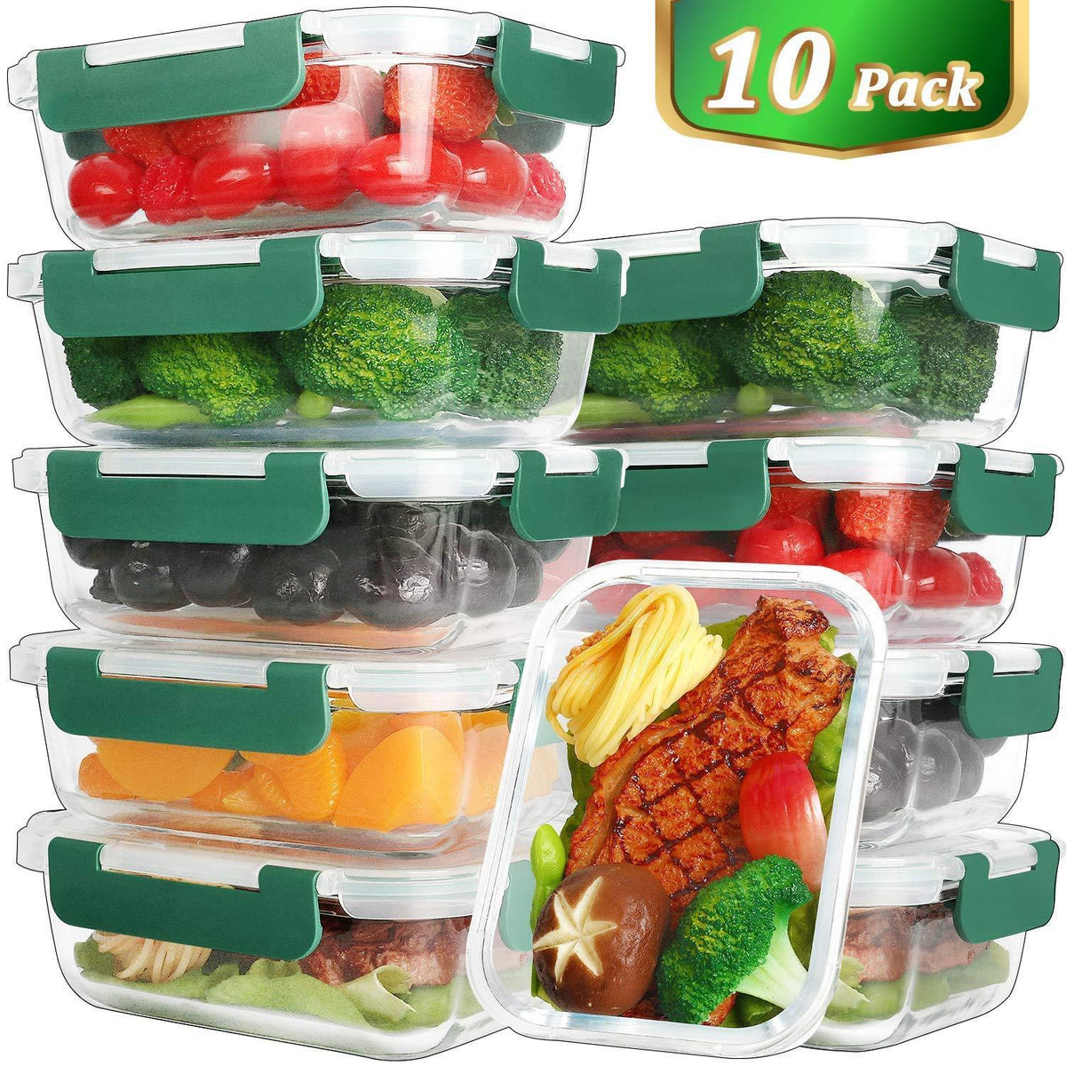 Glass Meal Prep Containers [10-Pack,22oz] KOMUEE Glass Food Storage Containers with lids Airtight Lunch Containers Microwave Oven Freezer and Dishwasher Safe