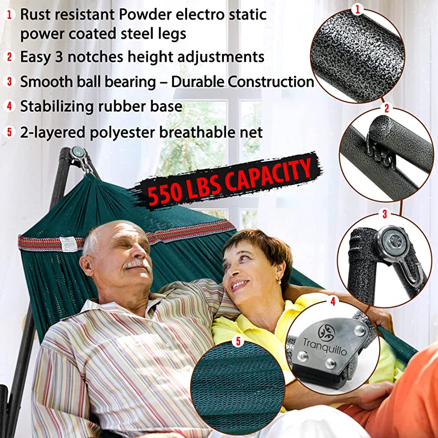 Tranquillo Universal Hammock Comfort Set - Adjustable Foldable Hammock with Stand, Polyester Hammock Net & Extra Net, Tree Straps, Travel Carry Bags, Double Hammock 2 Persons, Support 550lbs, Peacock