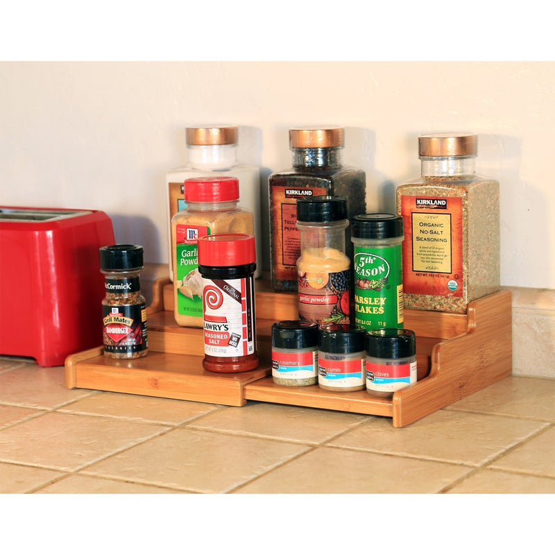 Seville Classics 3-Tier Expandable Bamboo Spice Rack Step Shelf Organizer, Large