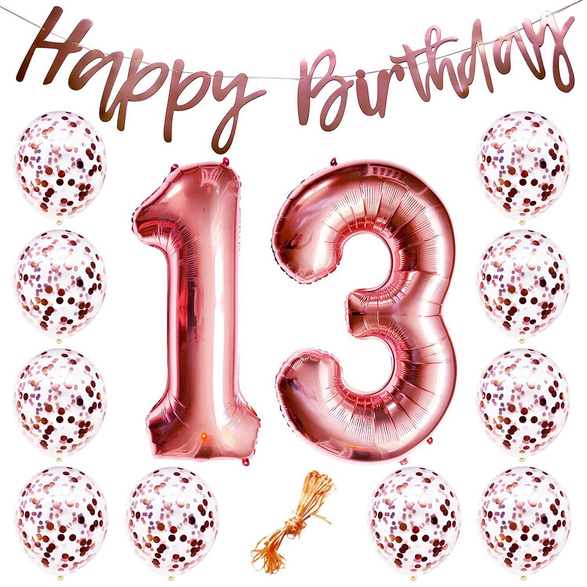 13th Birthday Party Decorations Rose Gold Decor Strung Banner (Happy Birthday) & 12PC Helium Balloons w/Ribbon [Huge Numbers “13”, Confetti] Kit Set Supplies Bundle | Thirteenth 13 Year Old Year-Old