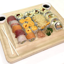 Load image into Gallery viewer, Home Perspective Extra Large Bamboo Cheese Board and Knife Set - Charcuterie Platter Tray Holds 6 Knives, 4 Forks and 2 Ceramic Cups with New Magnetic tray
