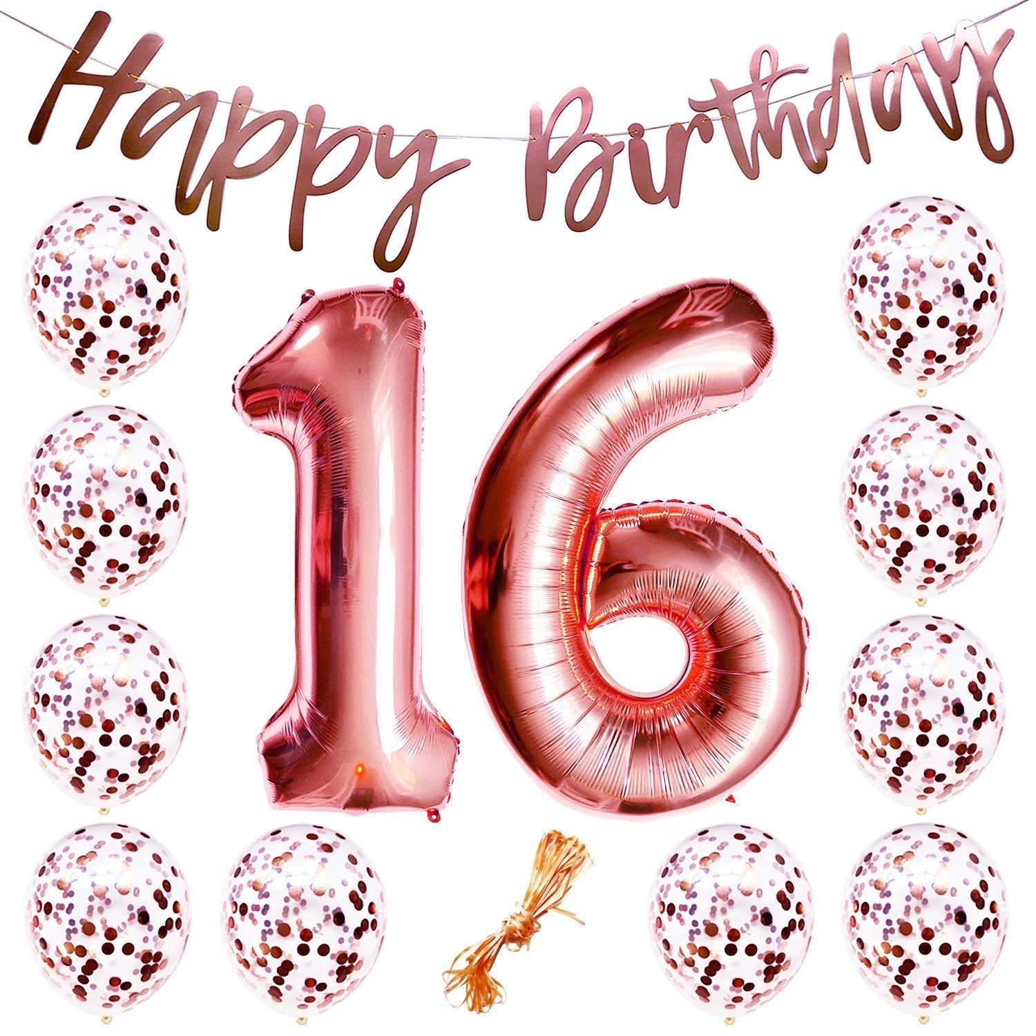 13th Birthday Party Decorations Rose Gold Decor Strung Banner (Happy Birthday) & 12PC Helium Balloons w/Ribbon [Huge Numbers “13”, Confetti] Kit Set Supplies Bundle | Thirteenth 13 Year Old Year-Old