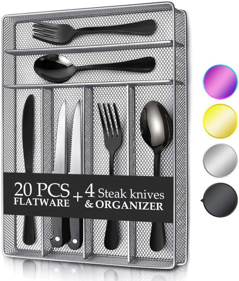 24 Piece Silverware Teivio  Set, Flatware Utensils Set Mirror Polished, Dishwasher Safe Service for 4, Include Knife/Fork/Spoon/Steak Knife/Wire Mesh Steel Cutlery Holder Storage Trays (Silver)