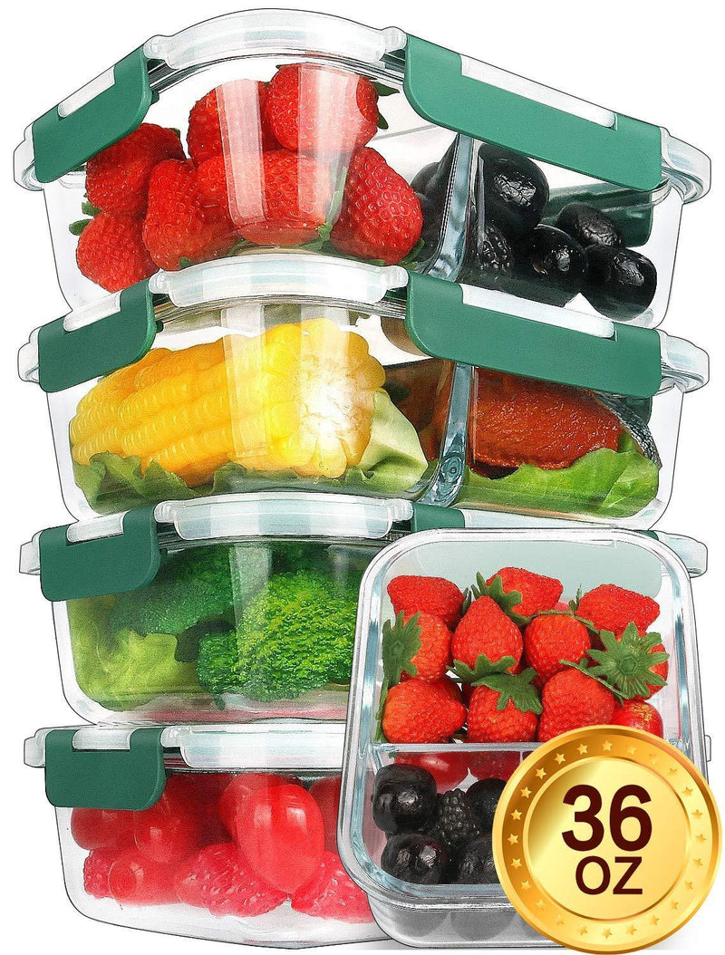 Glass Meal Prep Containers [5-Pack,36oz] - KOMUEE Food Prep
