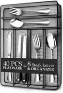 24 Piece Silverware Teivio  Set, Flatware Utensils Set Mirror Polished, Dishwasher Safe Service for 4, Include Knife/Fork/Spoon/Steak Knife/Wire Mesh Steel Cutlery Holder Storage Trays (Silver)