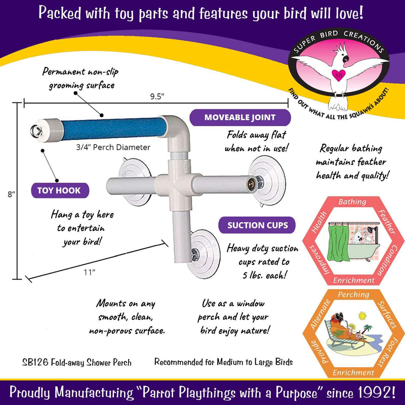 Super Bird Creations SB126 Portable Fold-Away Shower Perch with Suction Cups, Bird Grooming Accessory for Medium & Large Size Birds, 9.5” x 11” x 8”