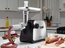 Load image into Gallery viewer, Baulia MG806 Electric Grinder for Home Use, 3 Cutting Blades &amp; Stuffing Tubes, Stainless Steel Meat Mincer for Making Sausages, Chopped Liver, Size #10, Silver
