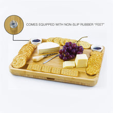 Load image into Gallery viewer, Home Perspective Extra Large Bamboo Cheese Board and Knife Set - Charcuterie Platter Tray Holds 6 Knives, 4 Forks and 2 Ceramic Cups with New Magnetic tray
