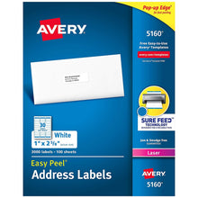 Load image into Gallery viewer, Avery 5160 Easy Peel Address Labels, White, 1 x 2-5/8 Inch, 3,000 Count (Pack of 1) Pack of 2
