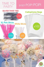 Load image into Gallery viewer, COMPLETE CAKE POP MAKER KIT - Jam packed with silicone cakepop baking mold, 120 lollipop sticks, candy and chocolate melting pot, decorating pen, bags, twist ties &amp; 3-Tier display stand holder
