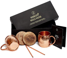 Load image into Gallery viewer, Moscow Mule Copper Mugs Set - 2 Authentic Handcrafted Copper Mugs (16 oz.), 2 Straws, 2 Solid Wood Coasters and Recipe Book - Gift Box Included
