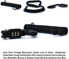 Load image into Gallery viewer, Auto Parts Prodigy Motorcycle Helmet Lock &amp; Cable - Rubberized Sleek Black Tough Combination PIN Locking Carabiner Device Secures Your Motorbike, Bicycle or Scooter Crash Hat (and Jacket) to Your Bike
