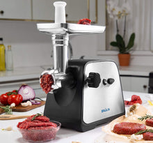 Load image into Gallery viewer, Baulia MG806 Electric Grinder for Home Use, 3 Cutting Blades &amp; Stuffing Tubes, Stainless Steel Meat Mincer for Making Sausages, Chopped Liver, Size #10, Silver
