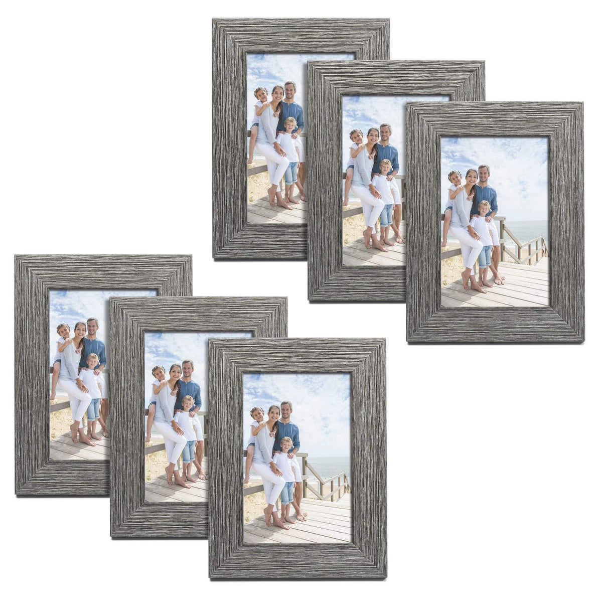 TWING Picture Frames Wood Pattern 4x6 High Definition Glass Tabletop or Wall Rustic Photo Frame for Table Top and Wall Display,Log Stripe Photo Frames,6 Pack (Light&Brown)