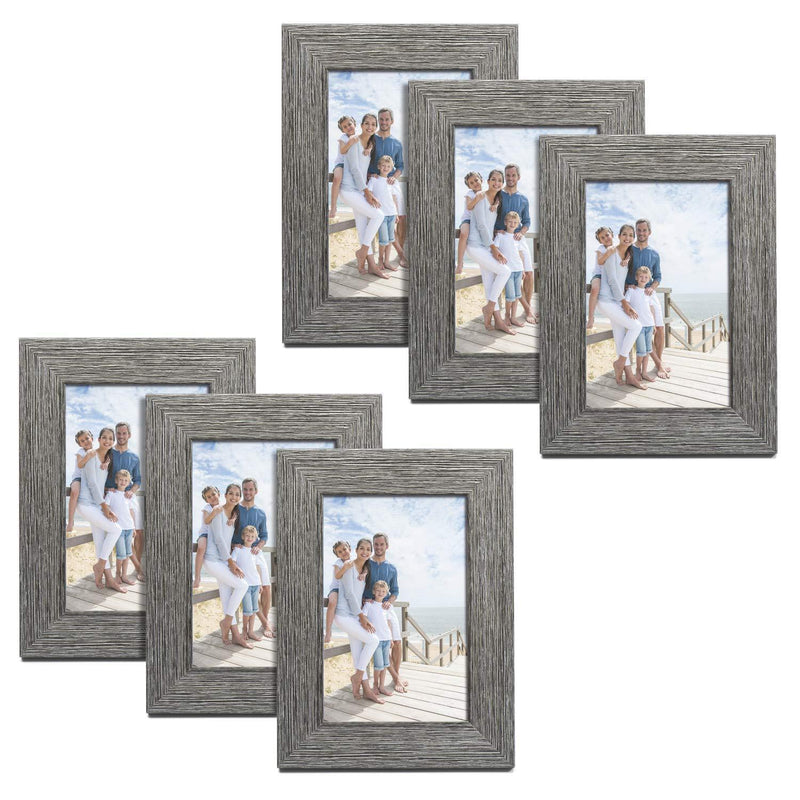 TWING Picture Frames Wood Pattern 4x6 High Definition Glass Tabletop or Wall Rustic Photo Frame for Table Top and Wall Display,Log Stripe Photo Frames,6 Pack (Light&Brown)