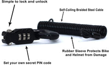Load image into Gallery viewer, Auto Parts Prodigy Motorcycle Helmet Lock &amp; Cable - Rubberized Sleek Black Tough Combination PIN Locking Carabiner Device Secures Your Motorbike, Bicycle or Scooter Crash Hat (and Jacket) to Your Bike
