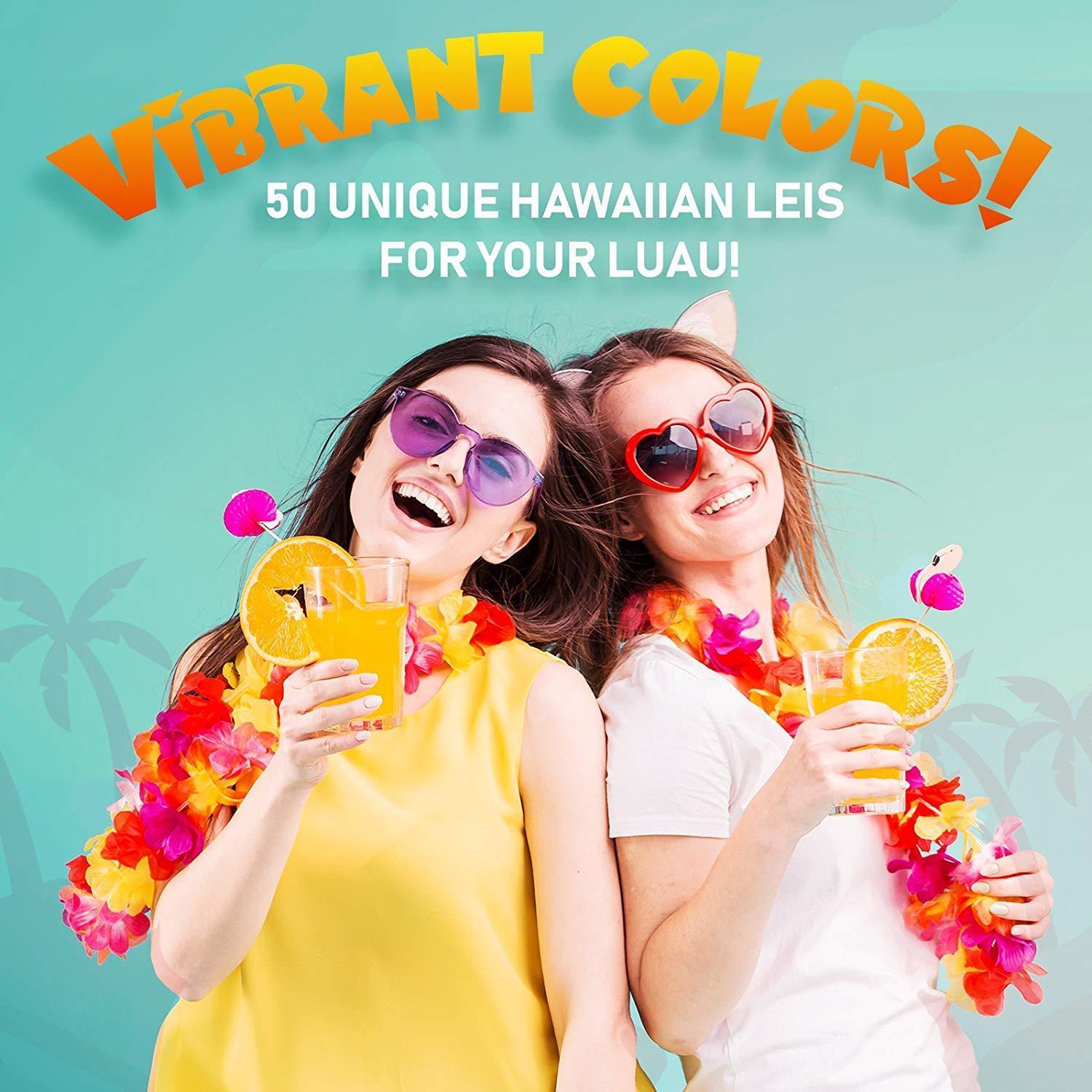 Hawaiian Leis Luau Party Supplies - Bulk 50 Pack Flower Necklaces for Tropical Party Favors Decorations - Colorful Variety of Simulated Silk Floral Lei Beach Theme Parties Kit