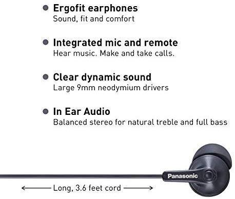 Panasonic ErgoFit In-Ear Earbud Headphones RP-HJE120-K (Black) Dynamic Crystal Clear Sound, Ergonomic Comfort-Fit