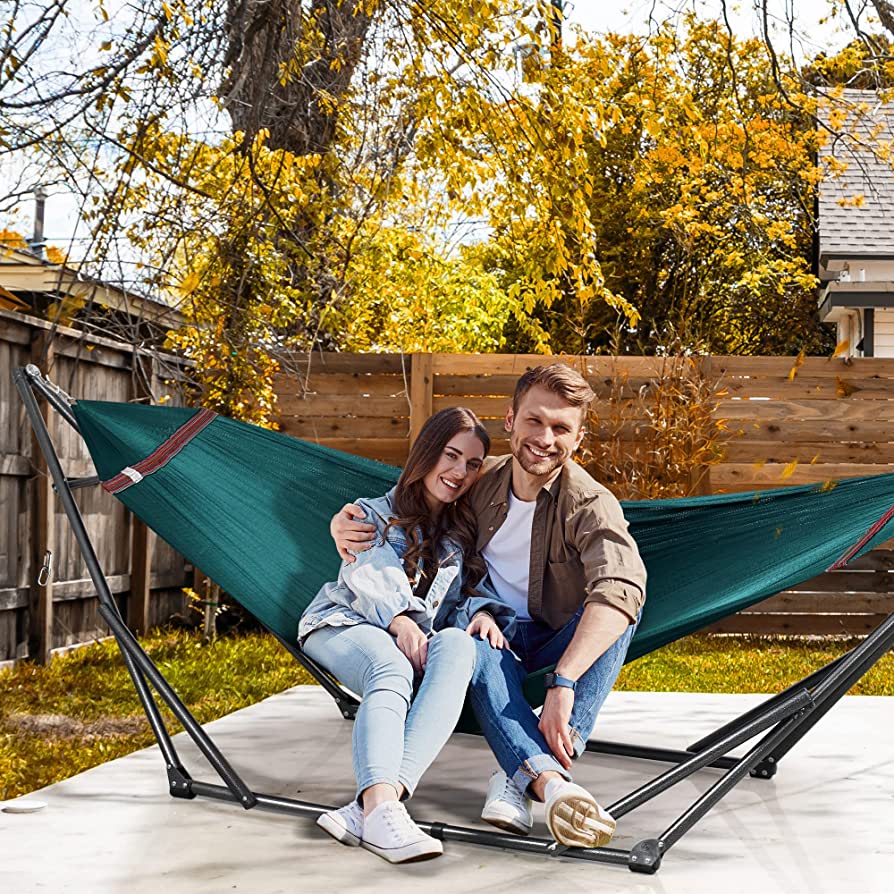 Tranquillo Universal Hammock Comfort Set - Adjustable Foldable Hammock with Stand, Polyester Hammock Net & Extra Net, Tree Straps, Travel Carry Bags, Double Hammock 2 Persons, Support 550lbs, Peacock