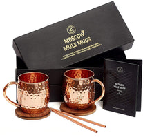 Load image into Gallery viewer, Moscow Mule Copper Mugs Set - 2 Authentic Handcrafted Copper Mugs (16 oz.), 2 Straws, 2 Solid Wood Coasters and Recipe Book - Gift Box Included
