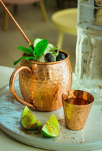 Load image into Gallery viewer, Moscow Mule Copper Mugs Set - 2 Authentic Handcrafted Copper Mugs (16 oz.), 2 Straws, 2 Solid Wood Coasters and Recipe Book - Gift Box Included

