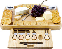 Load image into Gallery viewer, Home Perspective Extra Large Bamboo Cheese Board and Knife Set - Charcuterie Platter Tray Holds 6 Knives, 4 Forks and 2 Ceramic Cups with New Magnetic tray
