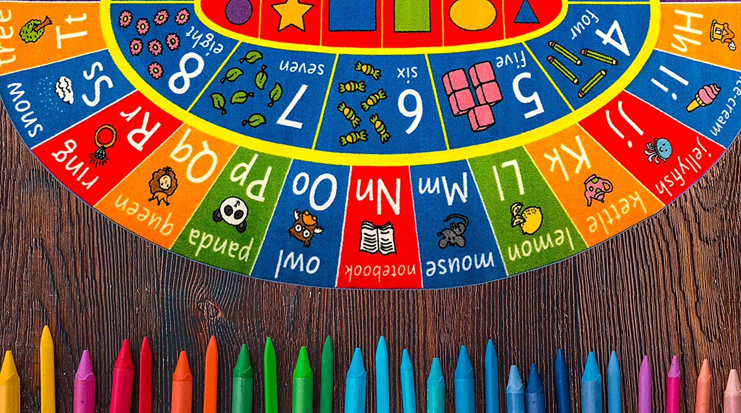 KC Cubs Playtime Collection ABC Alphabet, Numbers and Shapes Educational Learning & Game Area Oval Rug Carpet for Kids and Children Bedrooms and Playroom