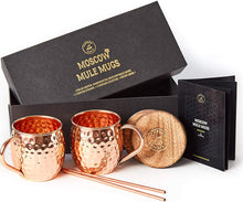 Load image into Gallery viewer, Moscow Mule Copper Mugs Set - 2 Authentic Handcrafted Copper Mugs (16 oz.), 2 Straws, 2 Solid Wood Coasters and Recipe Book - Gift Box Included
