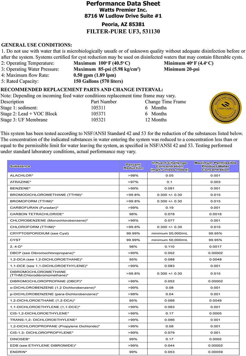 Watts Premier 531130 Filter-Pure UF-3 3-Stage Water Filtration System - WQA Certified