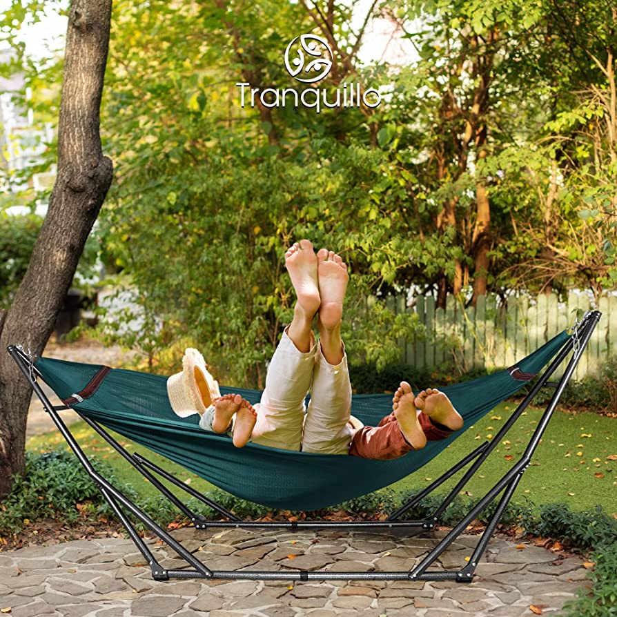 Tranquillo Universal Hammock Comfort Set - Adjustable Foldable Hammock with Stand, Polyester Hammock Net & Extra Net, Tree Straps, Travel Carry Bags, Double Hammock 2 Persons, Support 550lbs, Peacock