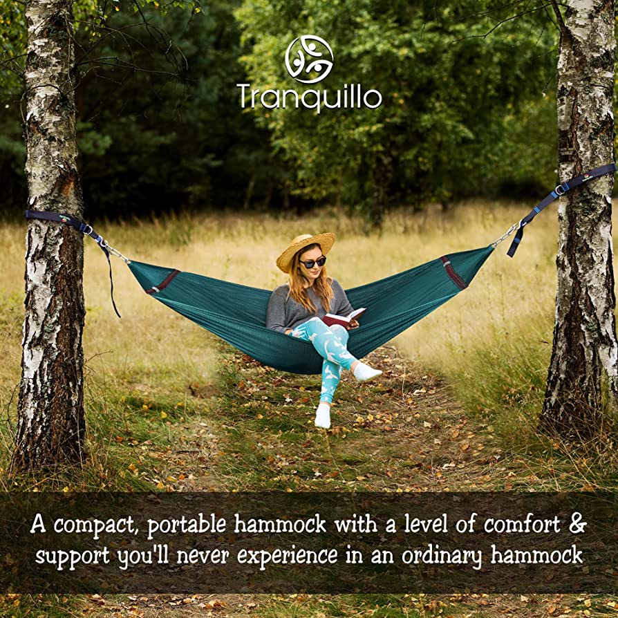 Tranquillo Universal Hammock Comfort Set - Adjustable Foldable Hammock with Stand, Polyester Hammock Net & Extra Net, Tree Straps, Travel Carry Bags, Double Hammock 2 Persons, Support 550lbs, Peacock