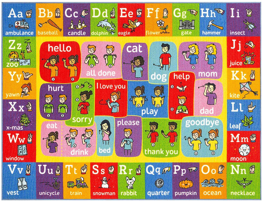 KC Cubs Playtime Collection ABC Alphabet ASL Sign Language Educational Learning Area Rug Carpet for Kids and Children Bedrooms and Playroom - 8' 2