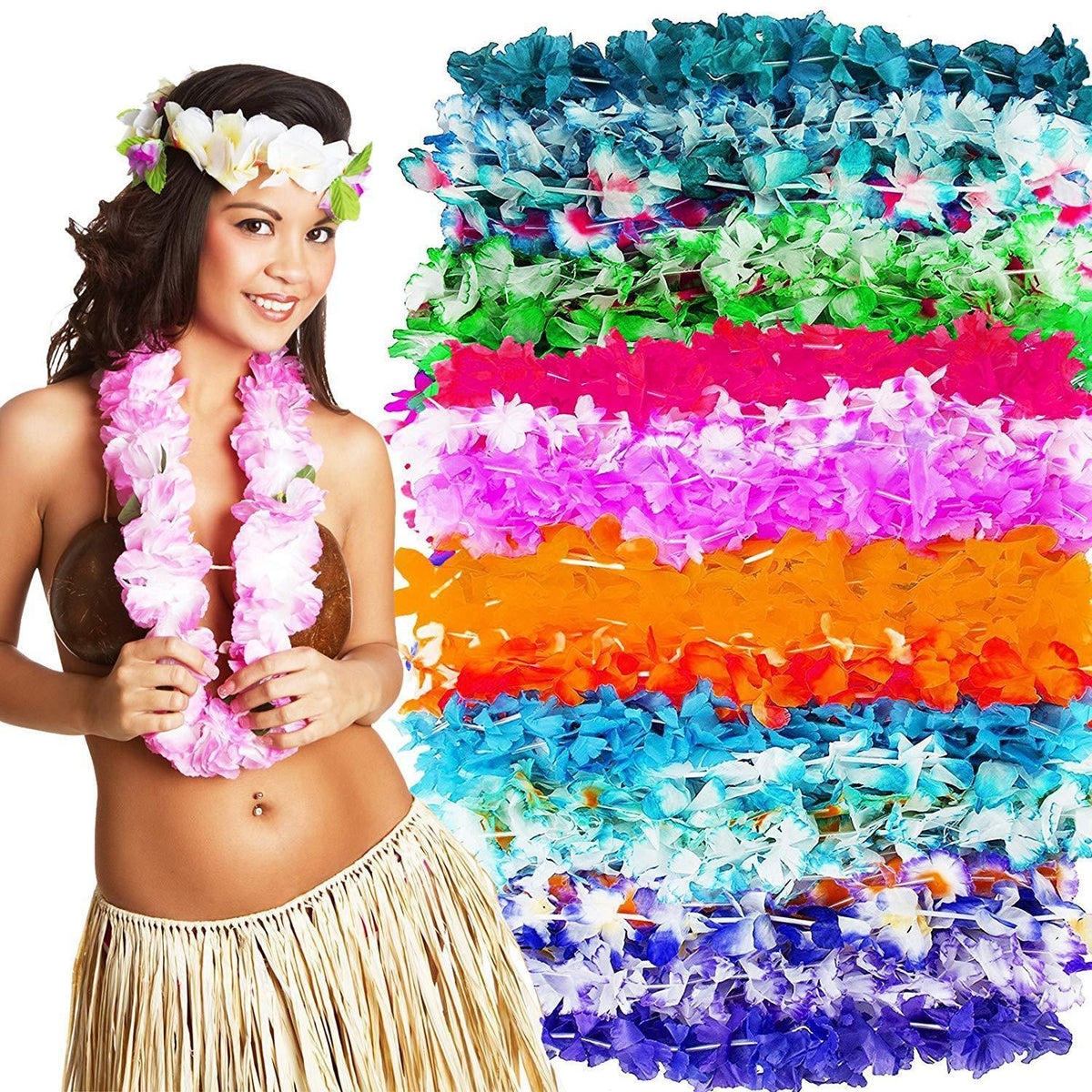 Hawaiian Leis Luau Party Supplies - Bulk 50 Pack Flower Necklaces for Tropical Party Favors Decorations - Colorful Variety of Simulated Silk Floral Lei Beach Theme Parties Kit