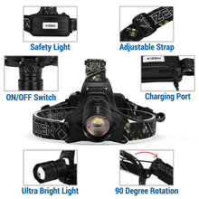 Load image into Gallery viewer, Kizen XHP-50 Headlamp. Next Generation LED Waterproof Headlight. Zoomable Work Light, 18650 USB Rechargeable Head Lights for Camping,Hiking, Outdoors (Black)
