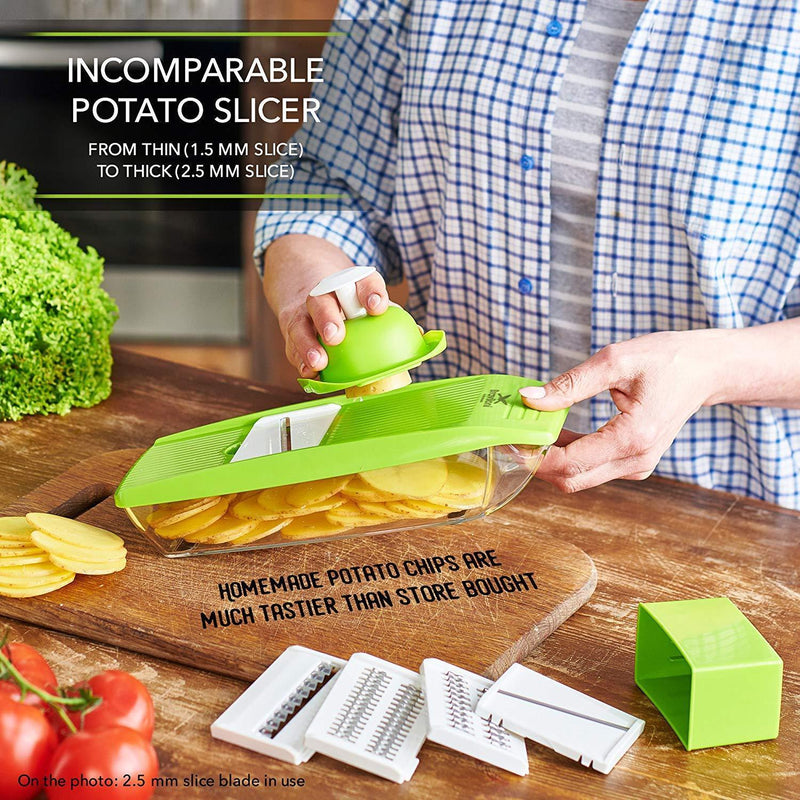 Mandoline Slicer - Premium Vegetable Potato Slicer Grater - Cutter for Tomato, Onion, Cucumber, Zucchini Pasta, Cheese - Julienne Veggie Peeler Chopper - Food Storage, 5 Blades & Hand Protector