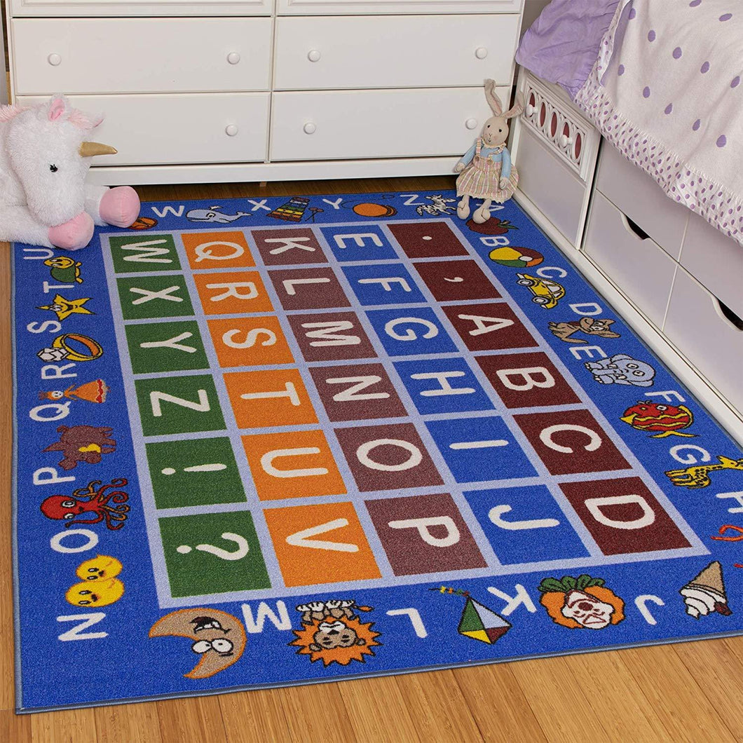 Ottomanson Jenny Collection Light Blue Frame with Multi Colors Kids Children's Educational Alphabet (Non-Slip) Area Rug, Blue, 8'2